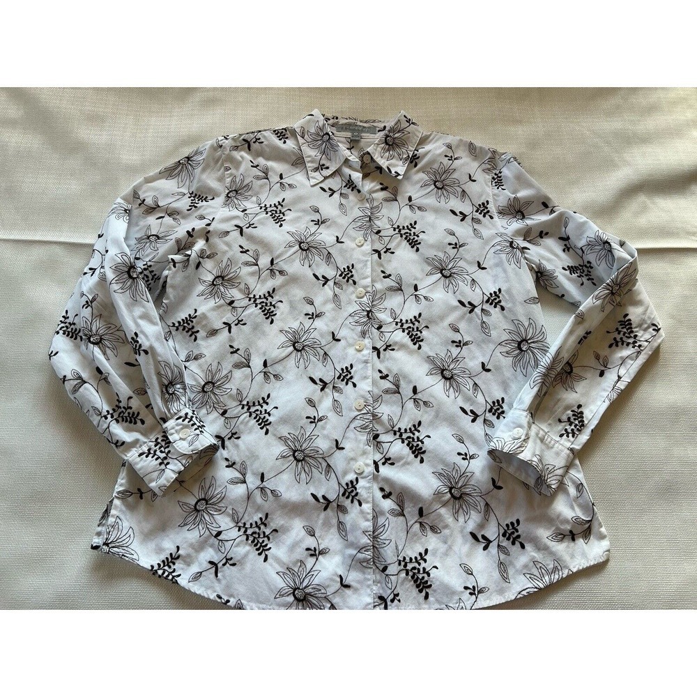 Foxcroft Women’s Long Sleeve Embroidered Button Up Blouse White Brown Size 8